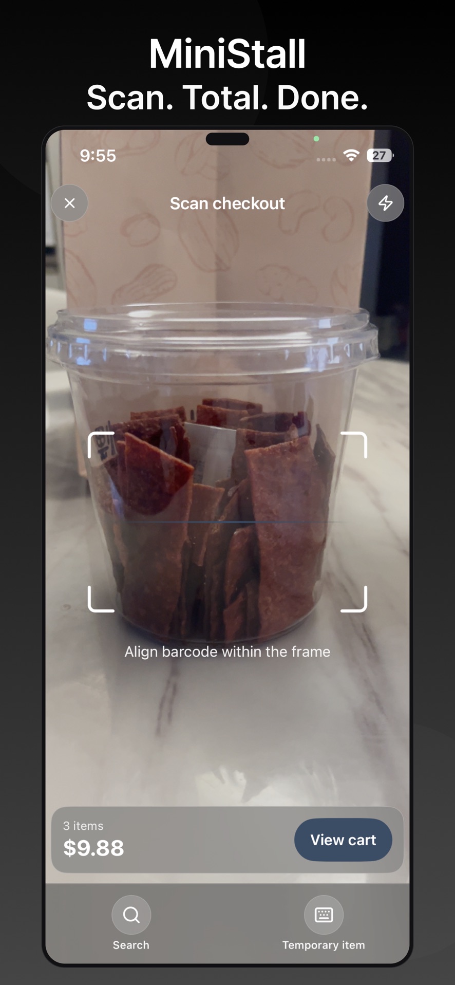 MiniStall scan-to-total screen totaling a sale from a barcode
