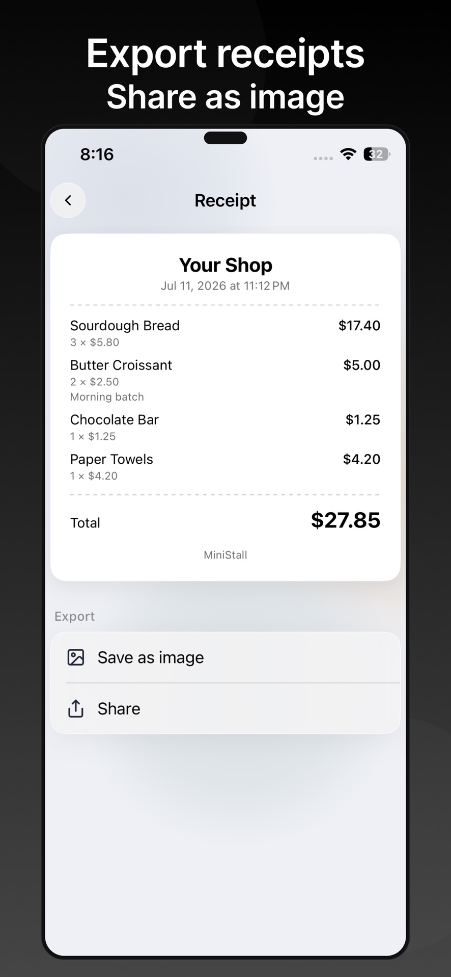 MiniStall receipt image export